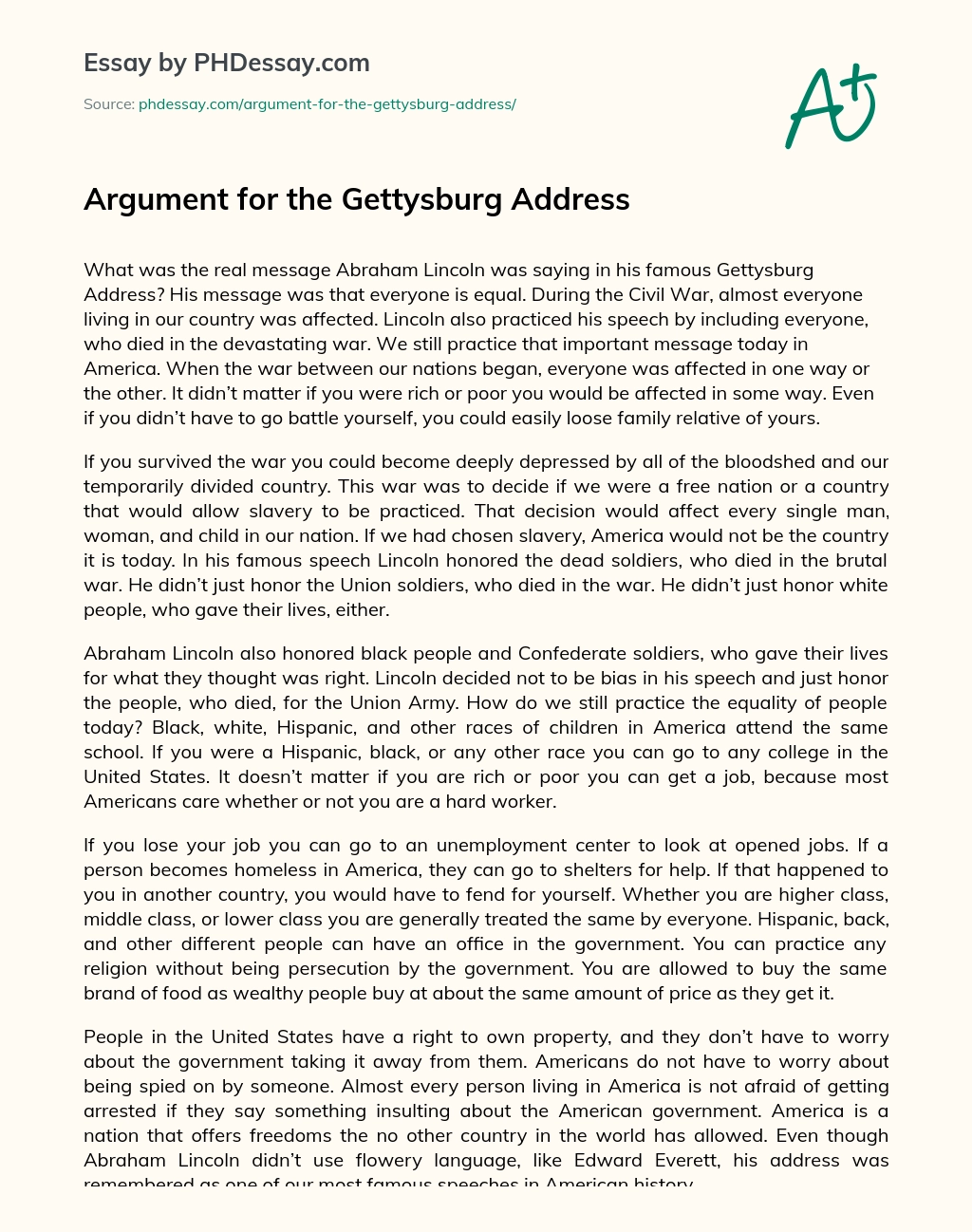 Argument for the Gettysburg Address essay