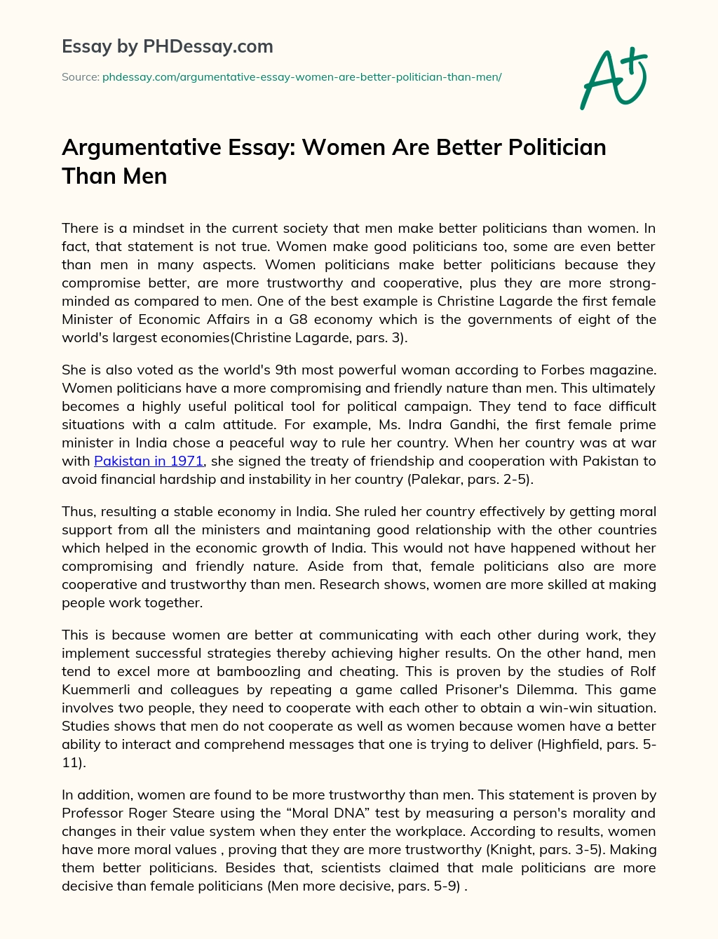 Argumentative Essay: Women Are Better Politician Than Men essay