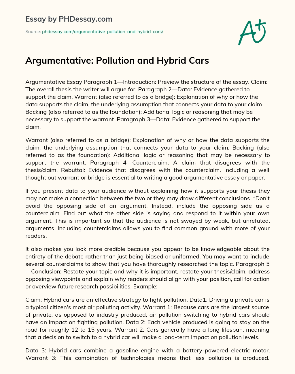 Argumentative: Pollution and Hybrid Cars essay