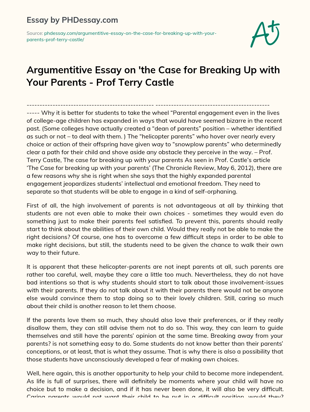 Argumentitive Essay on ‘the Case for Breaking Up with Your Parents – Prof Terry Castle essay