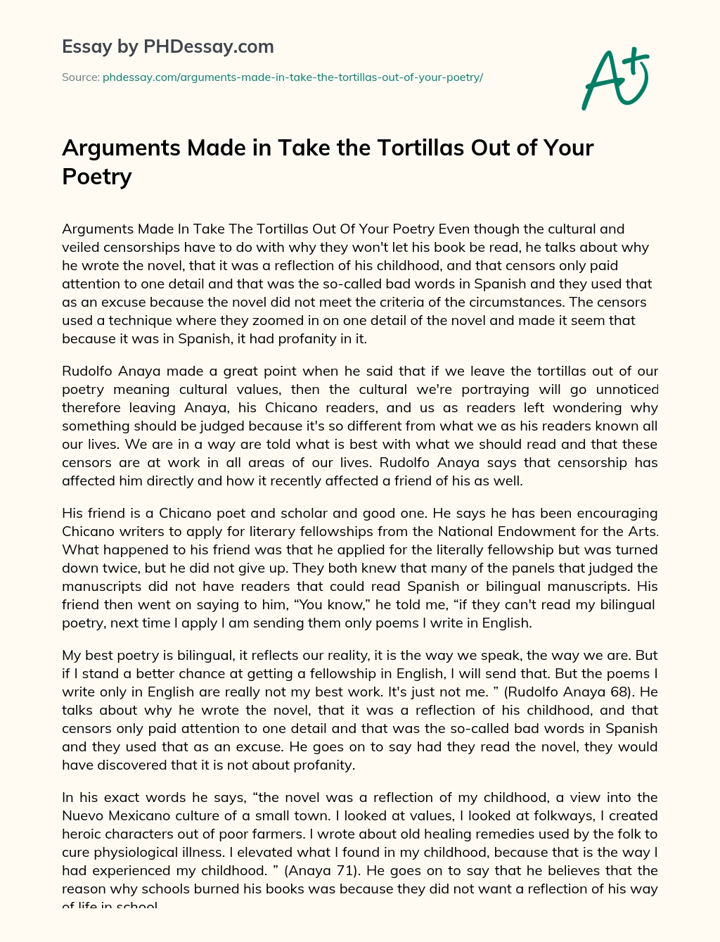 Arguments Made in Take the Tortillas Out of Your Poetry essay