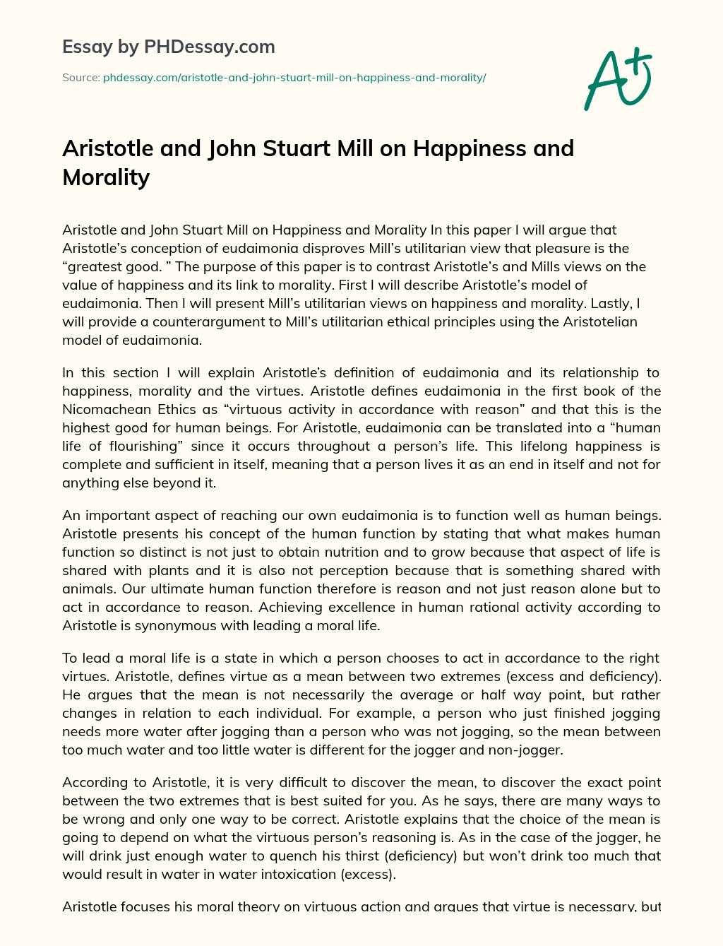 Aristotle and John Stuart Mill on Happiness and Morality essay