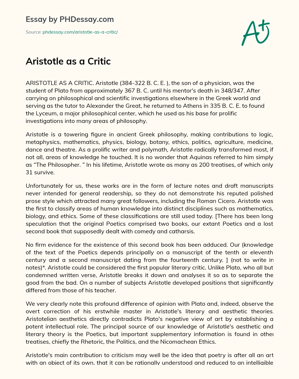 Aristotle as a Critic essay
