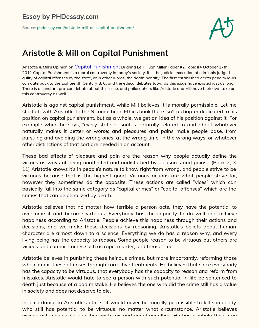 Aristotle & Mill on Capital Punishment essay