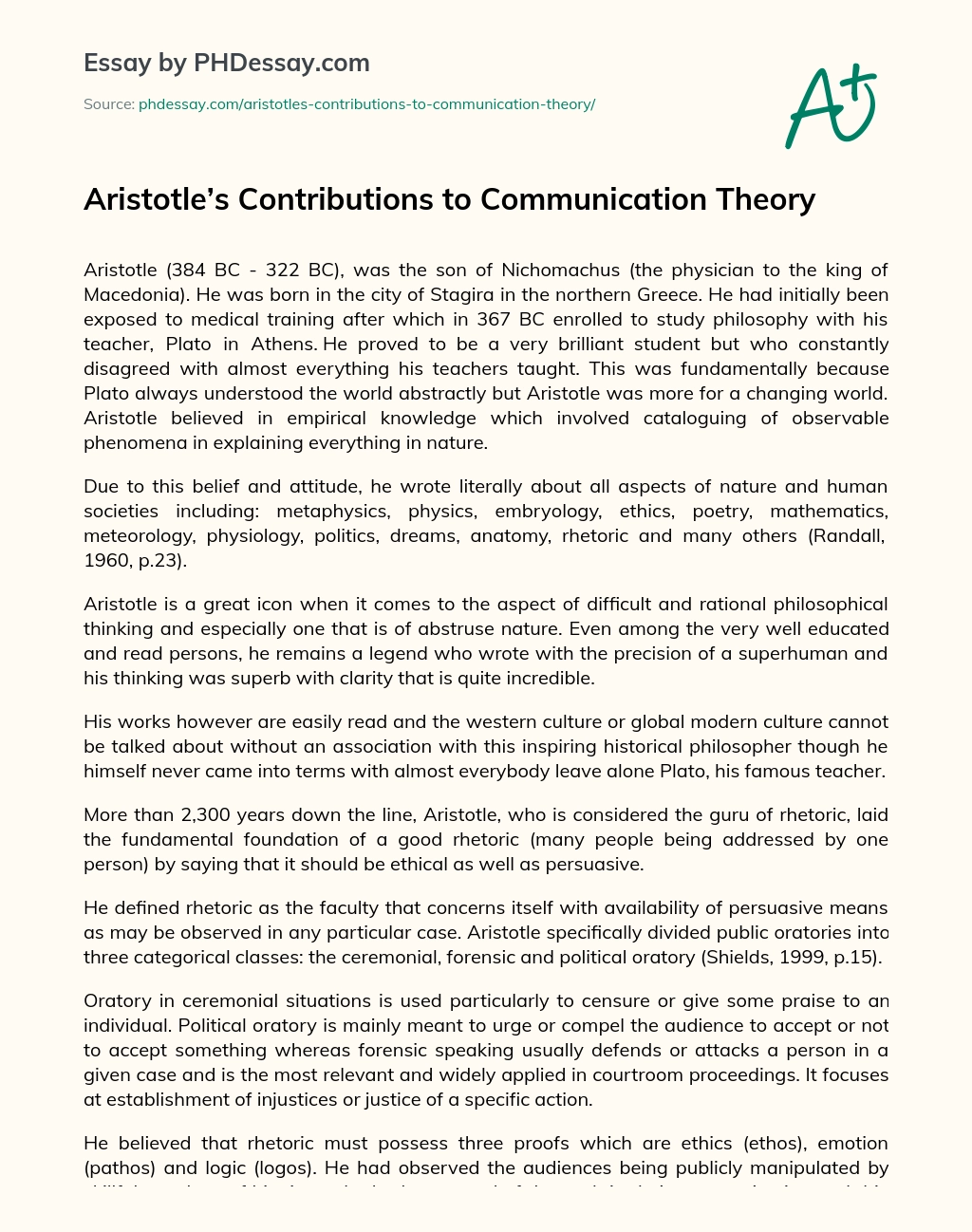 Aristotle’s Contributions to Communication Theory essay