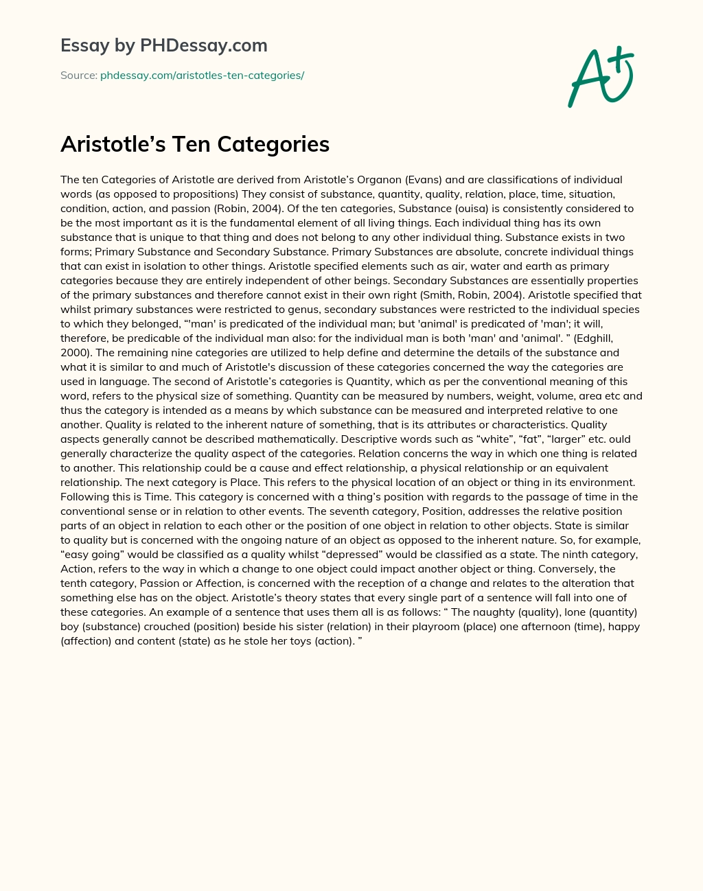 Aristotle’s Ten Categories essay