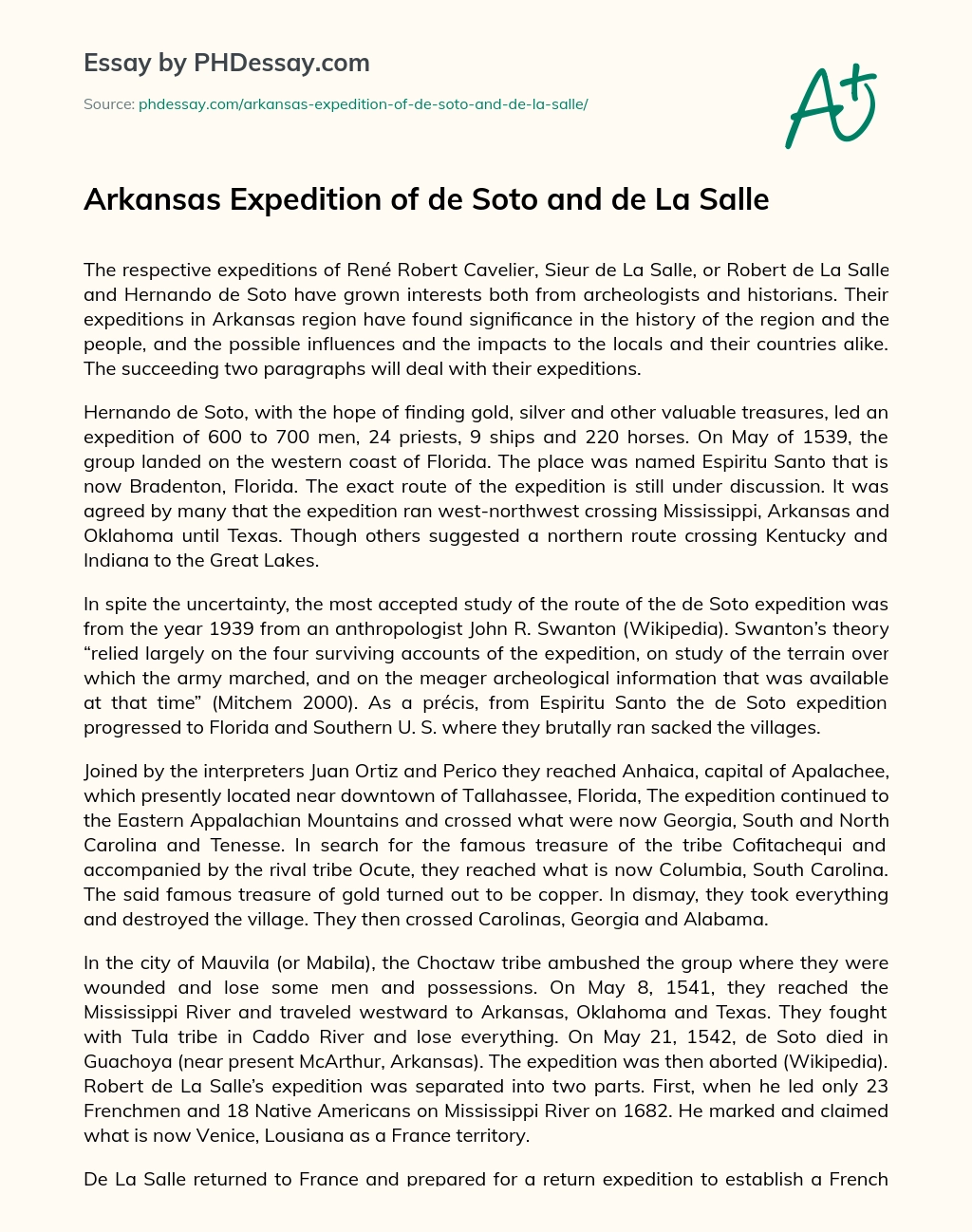 Arkansas Expedition of de Soto and de La Salle essay