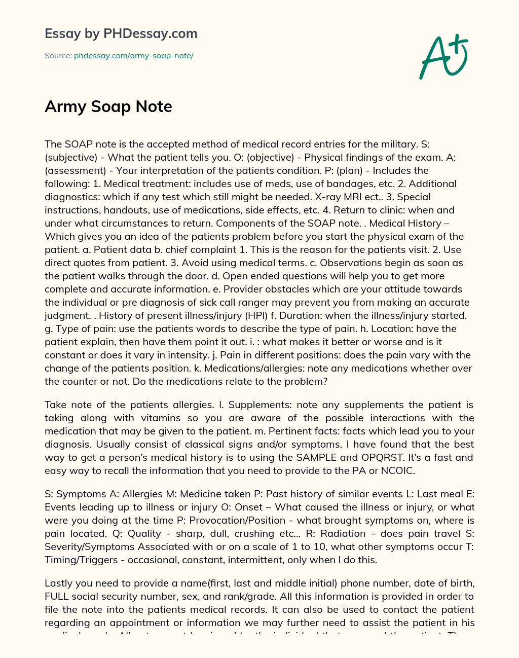Army Soap Note essay