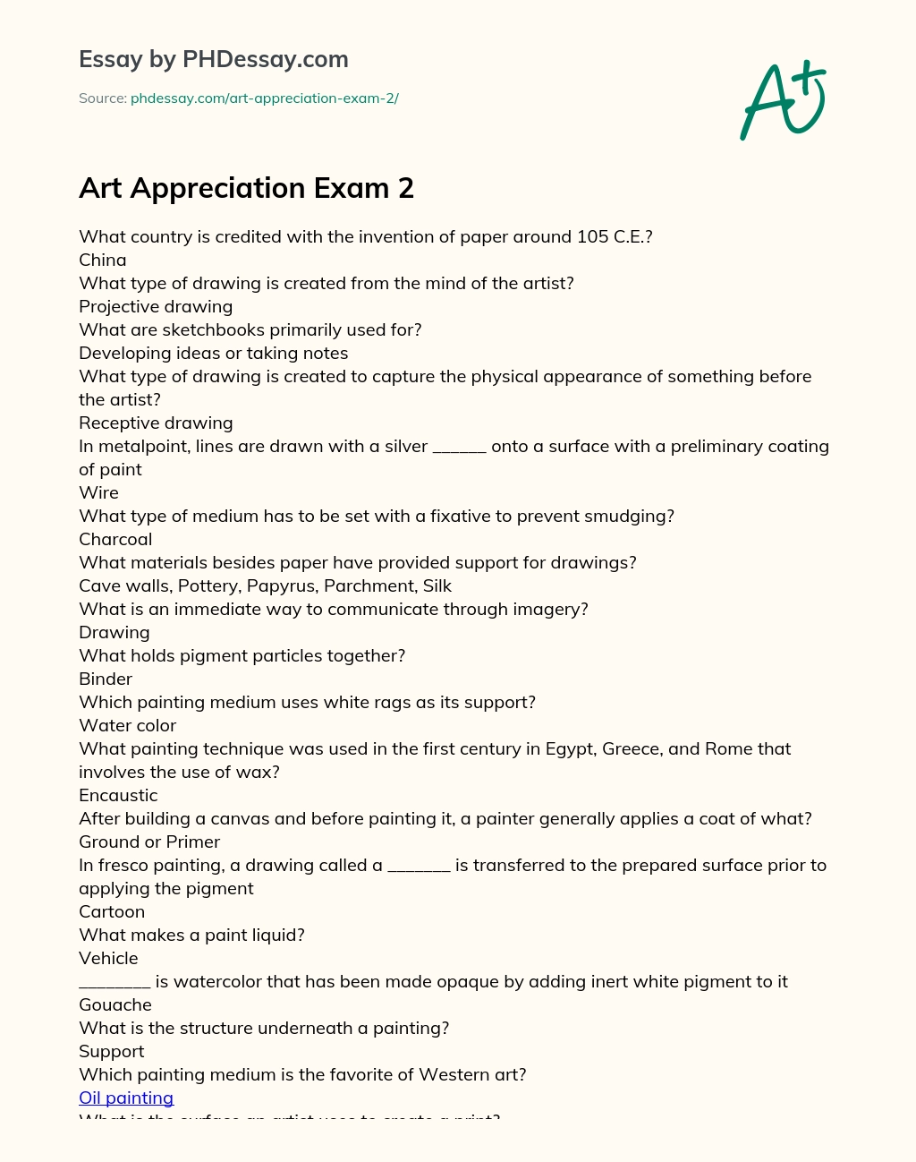 Art Appreciation Exam 2 essay