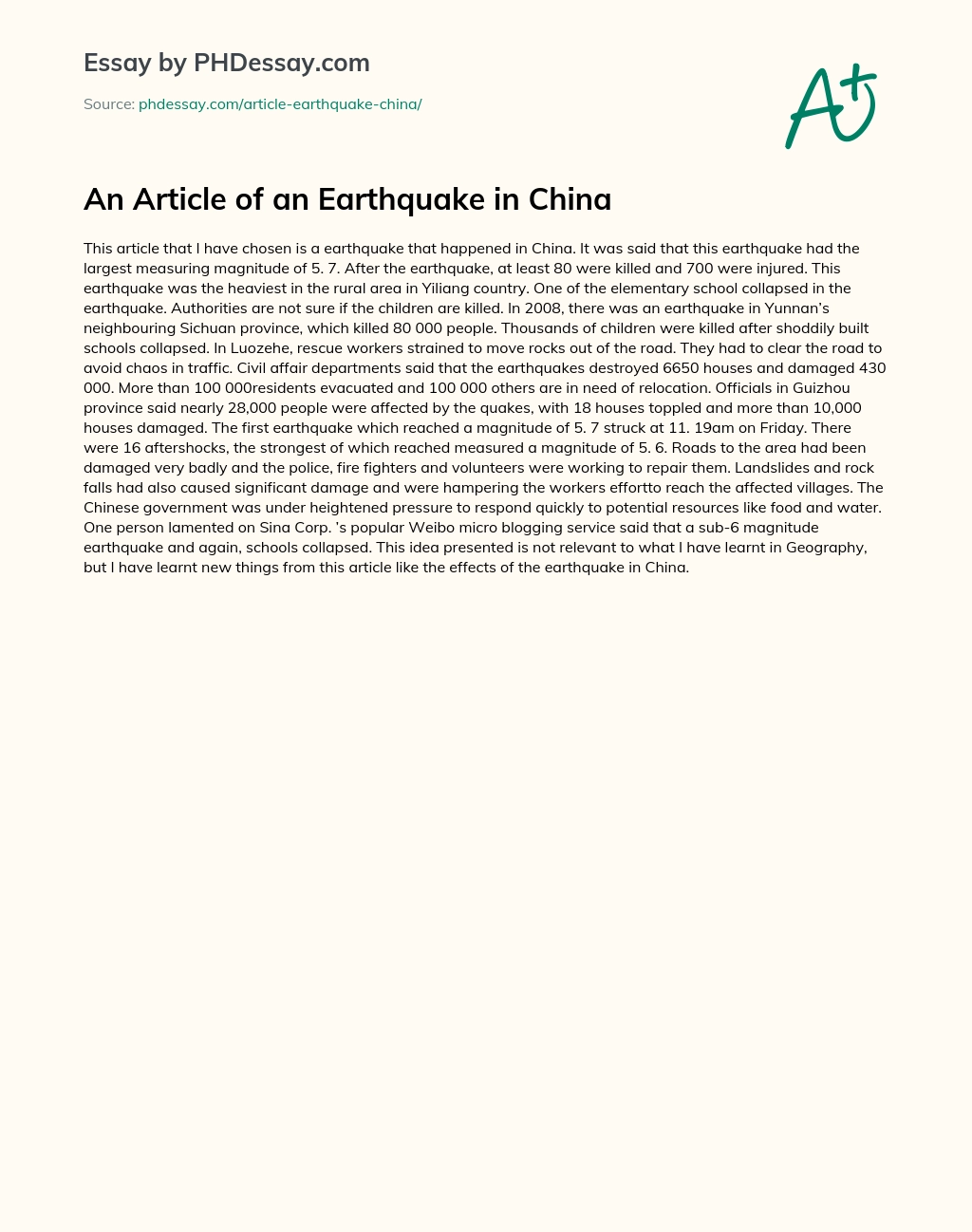 An Article of an Earthquake in China essay