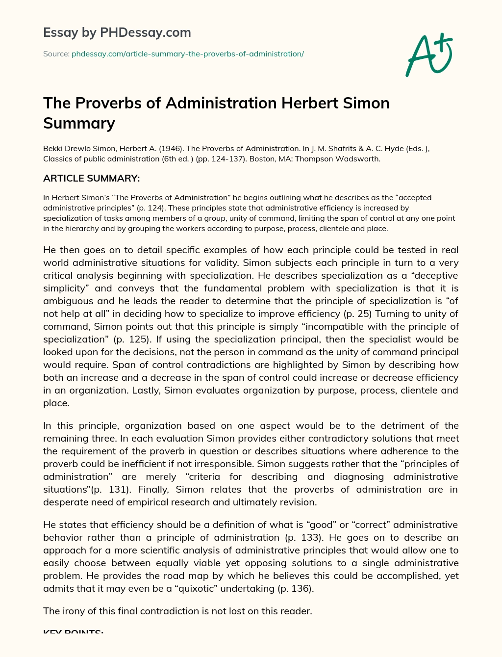 The Proverbs of Administration Herbert Simon Summary essay