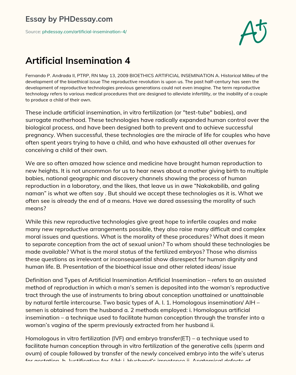 Реферат: Artificial Insemination Essay Research Paper Artificial insemination