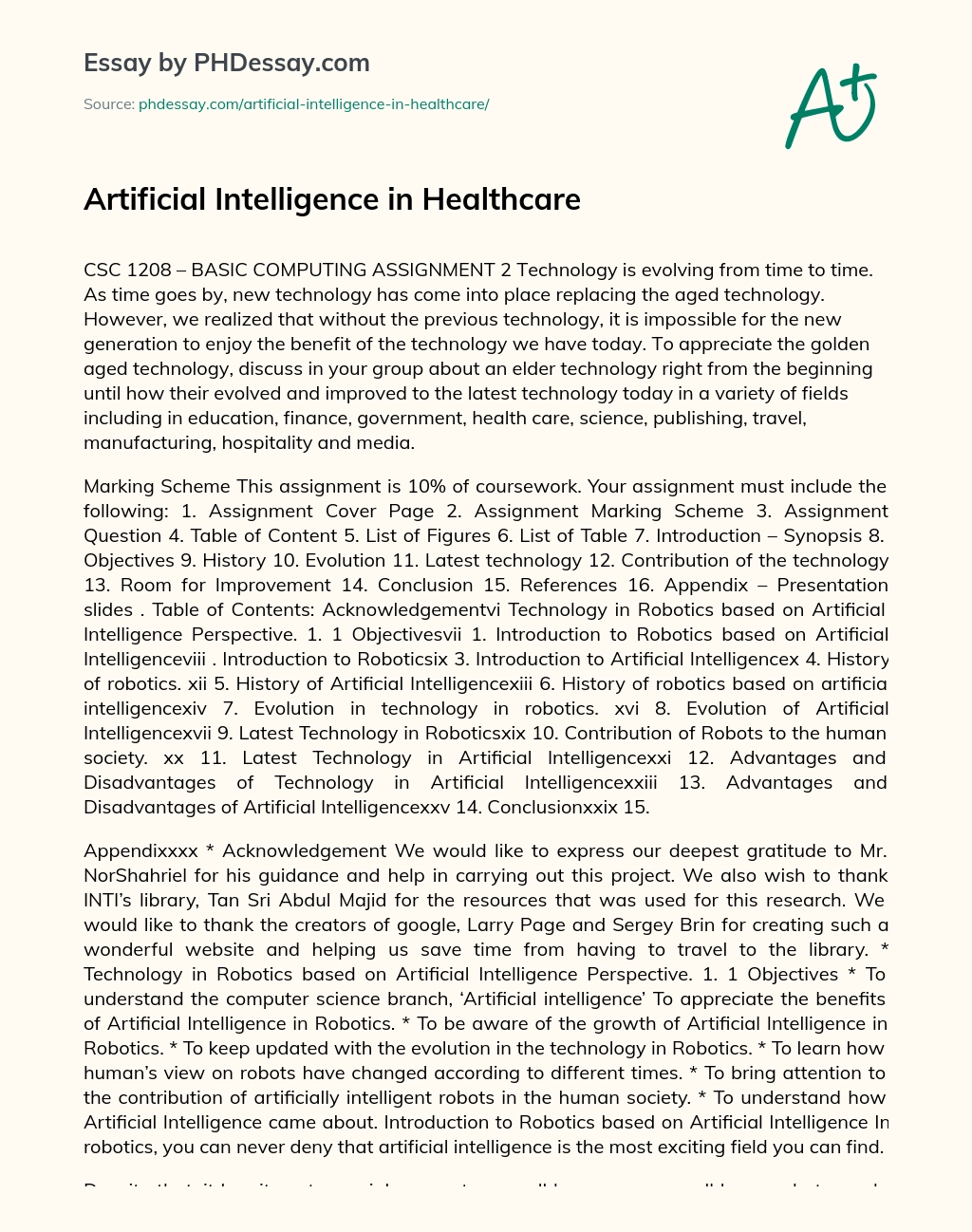 Artificial Intelligence in Healthcare essay