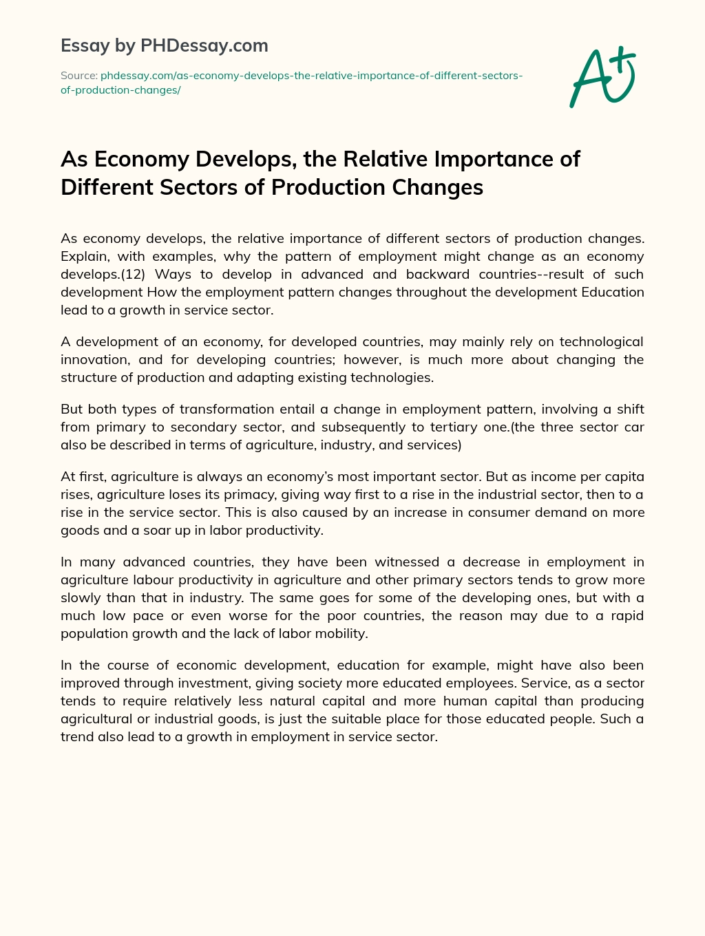 As Economy Develops, the Relative Importance of Different Sectors of Production Changes essay