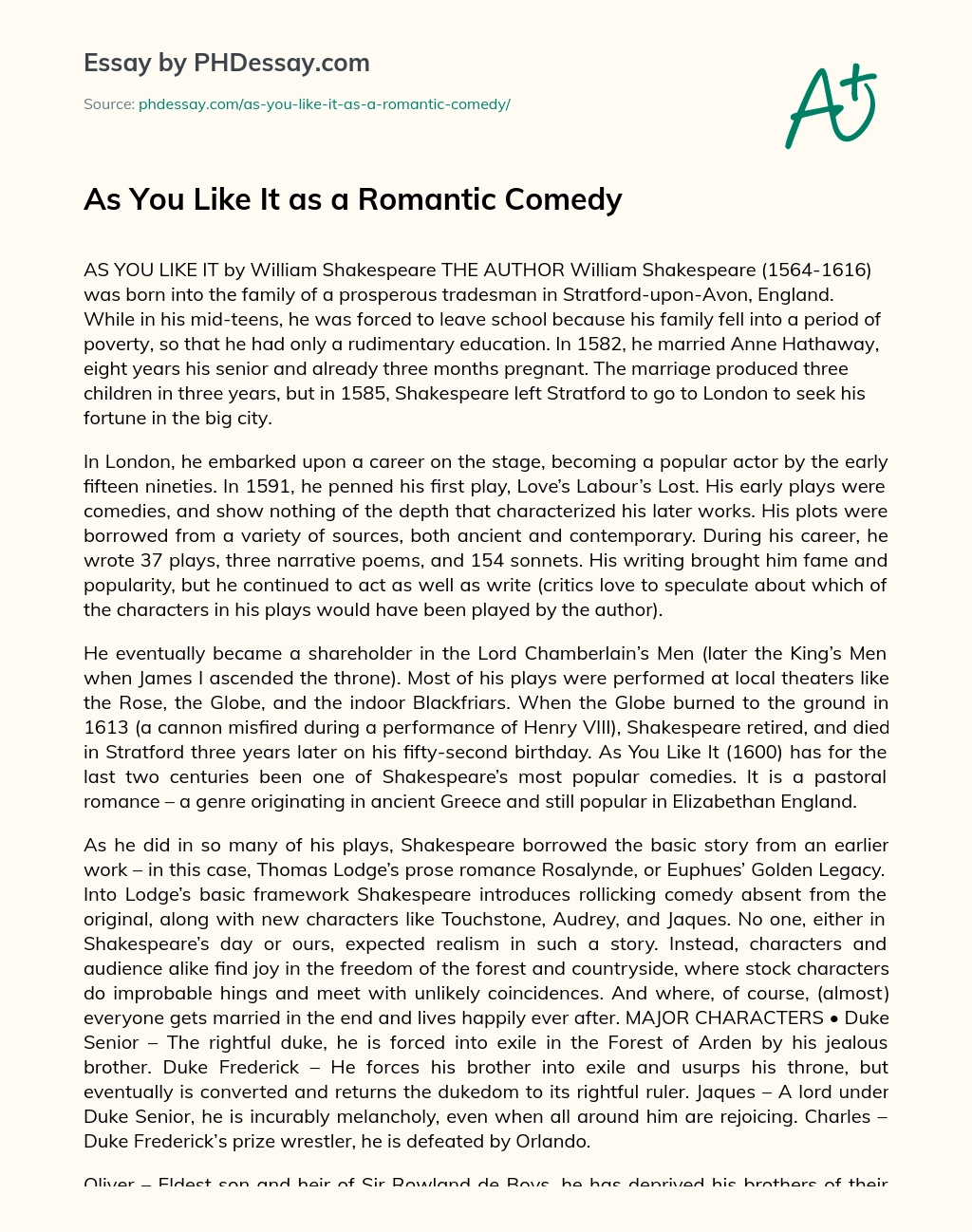 As You Like It as a Romantic Comedy essay