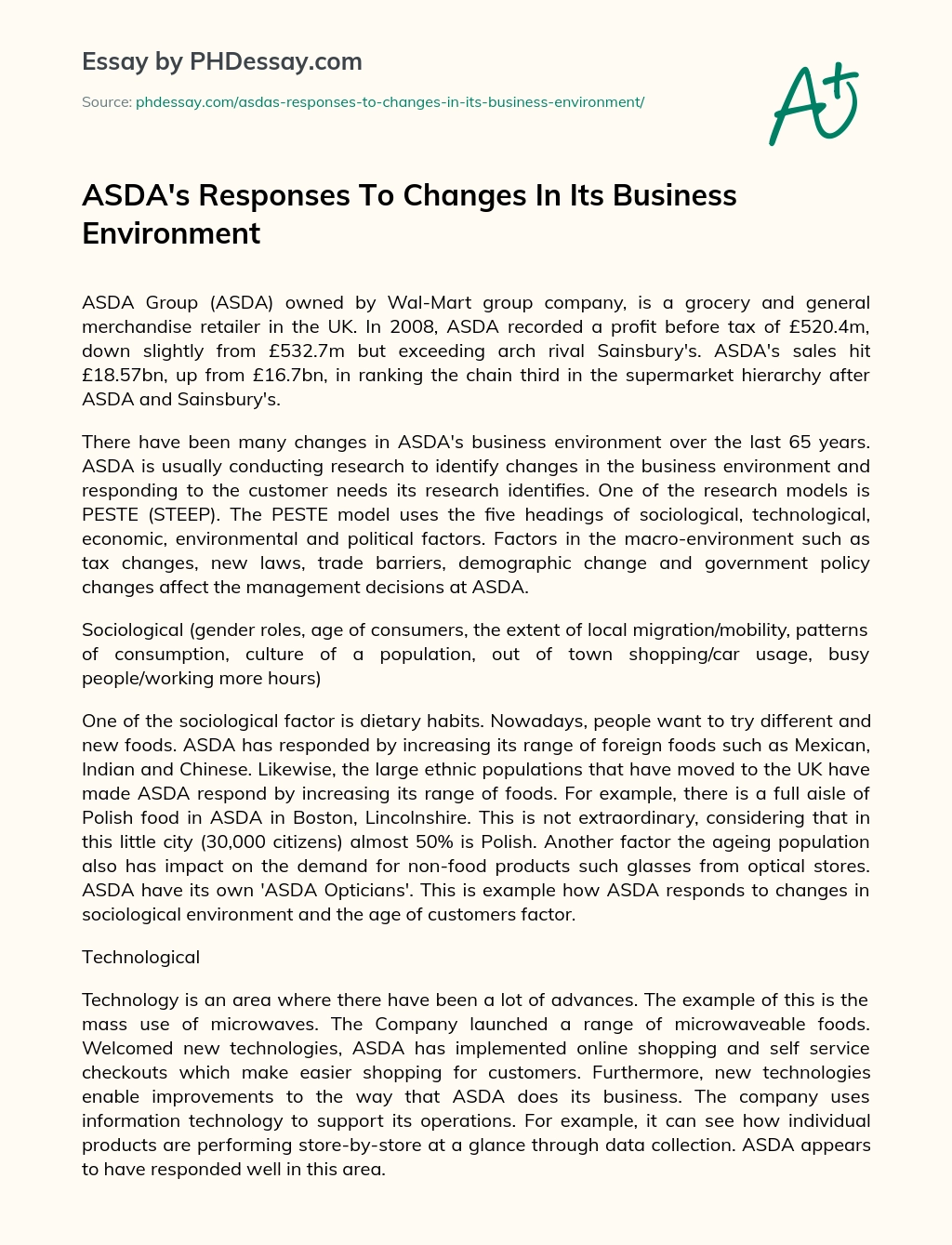 ASDA’s Responses To Changes In Its Business Environment essay