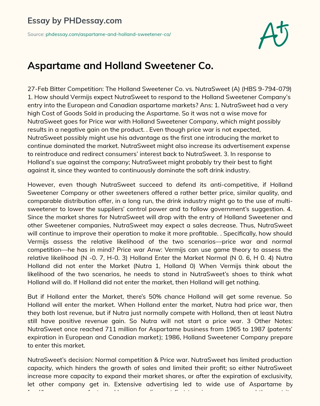 Aspartame and Holland Sweetener Co. essay