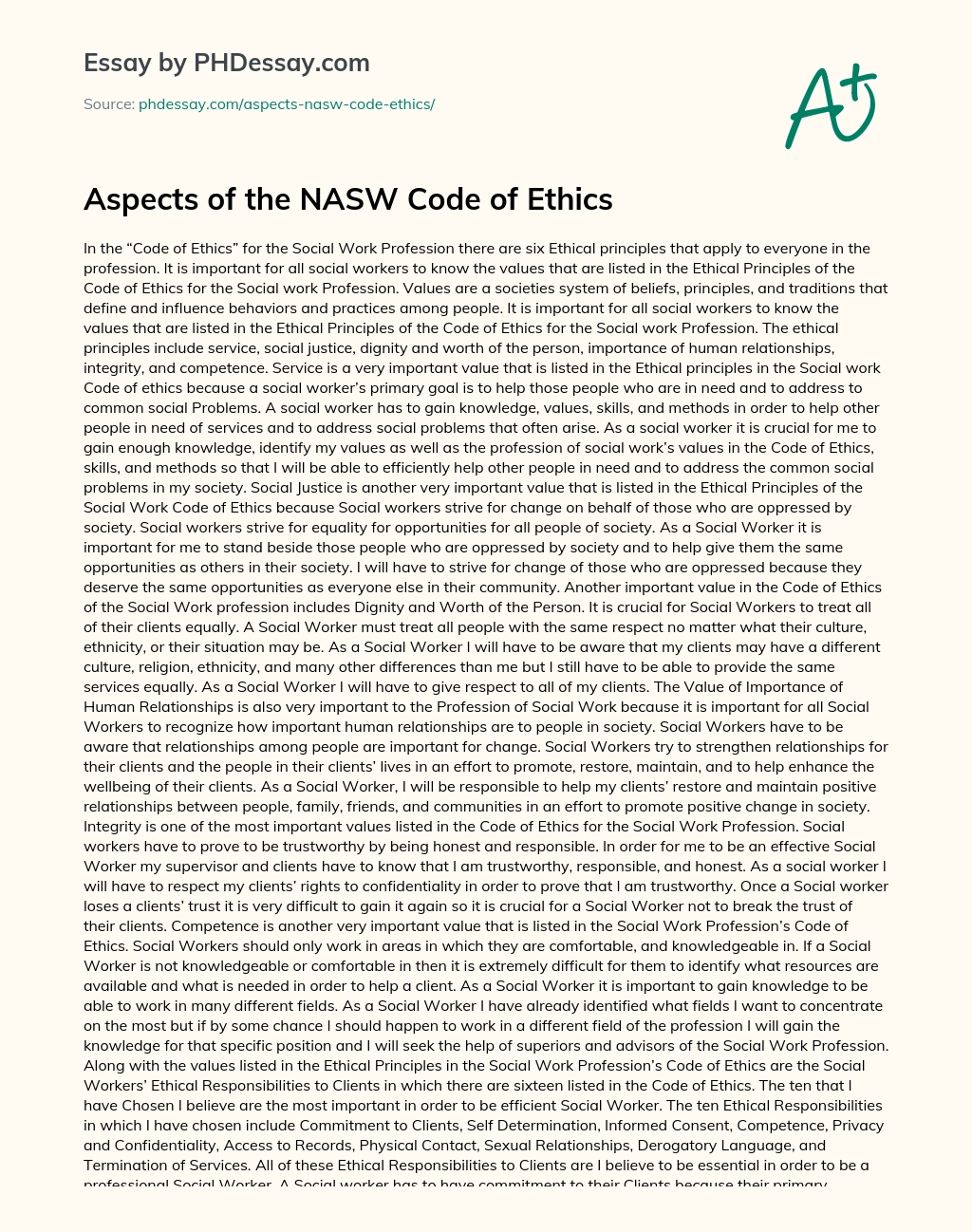 Aspects of the NASW Code of Ethics essay