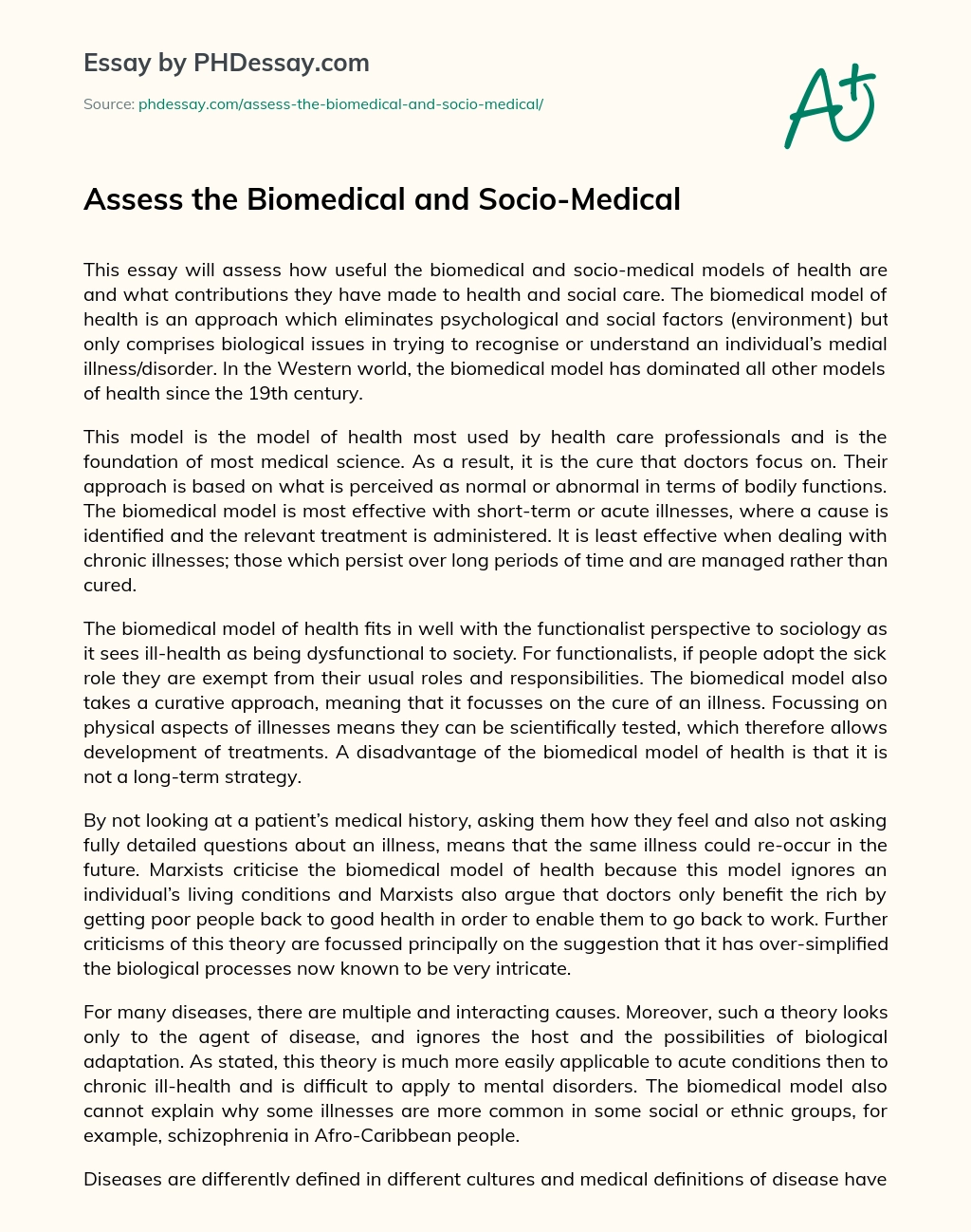 Assess the Biomedical and Socio-Medical essay