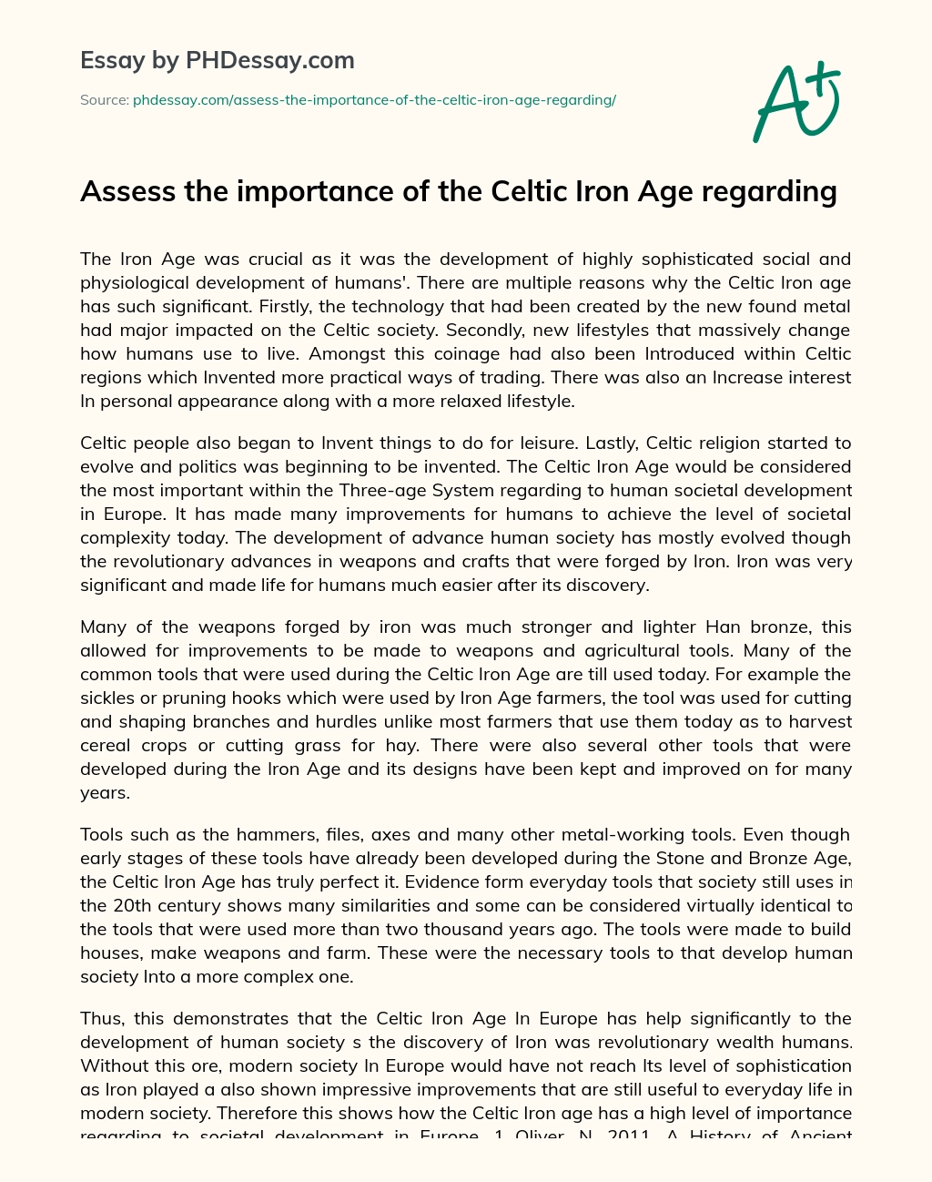 Assess the importance of the Celtic Iron Age regarding essay