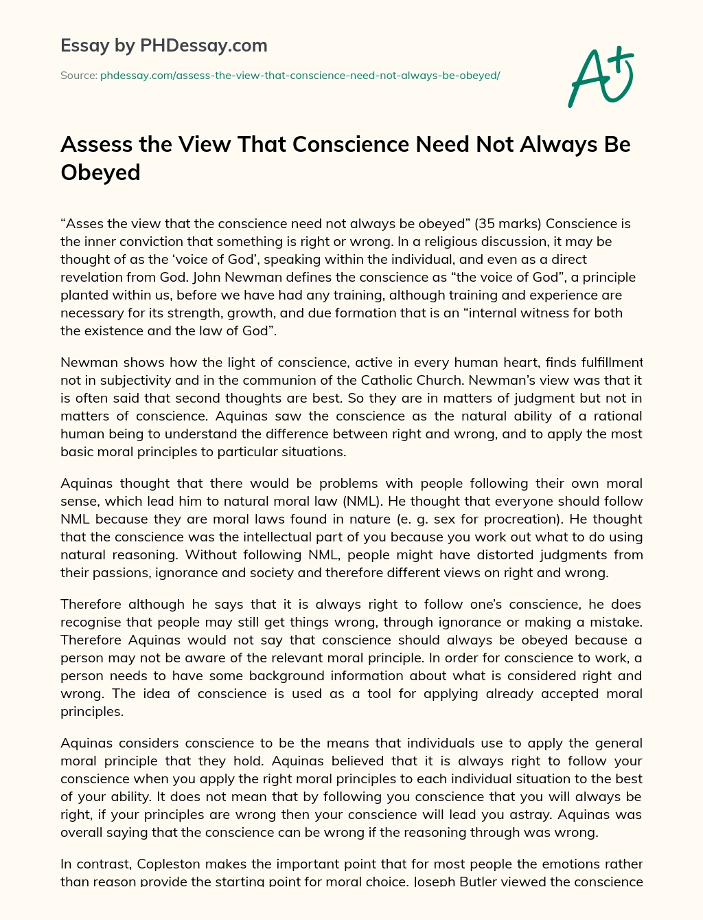 Assess the View That Conscience Need Not Always Be Obeyed essay