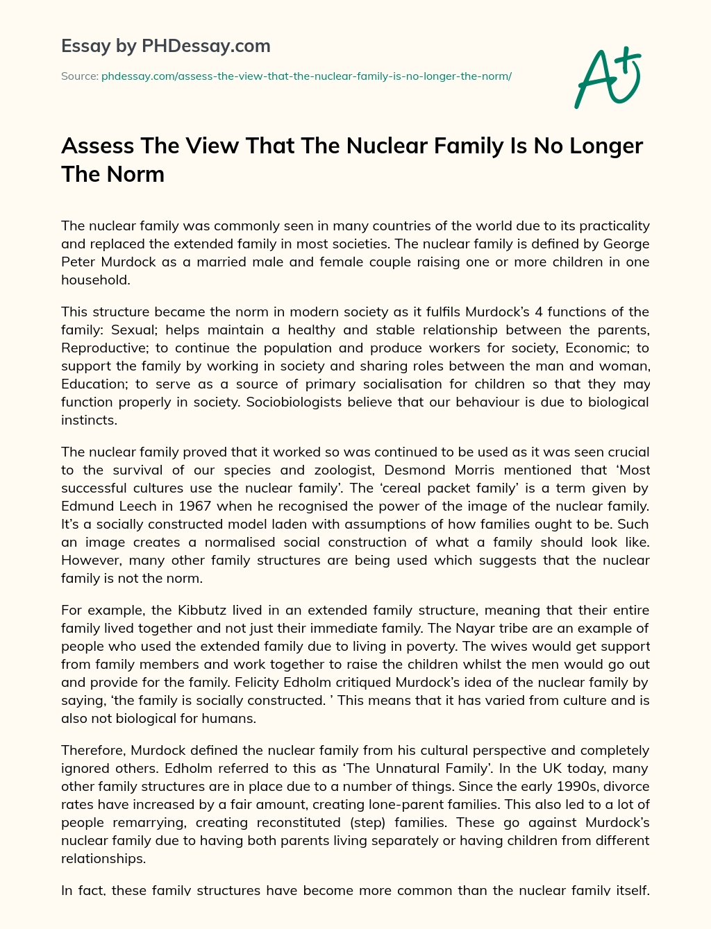Assess The View That The Nuclear Family Is No Longer The Norm essay