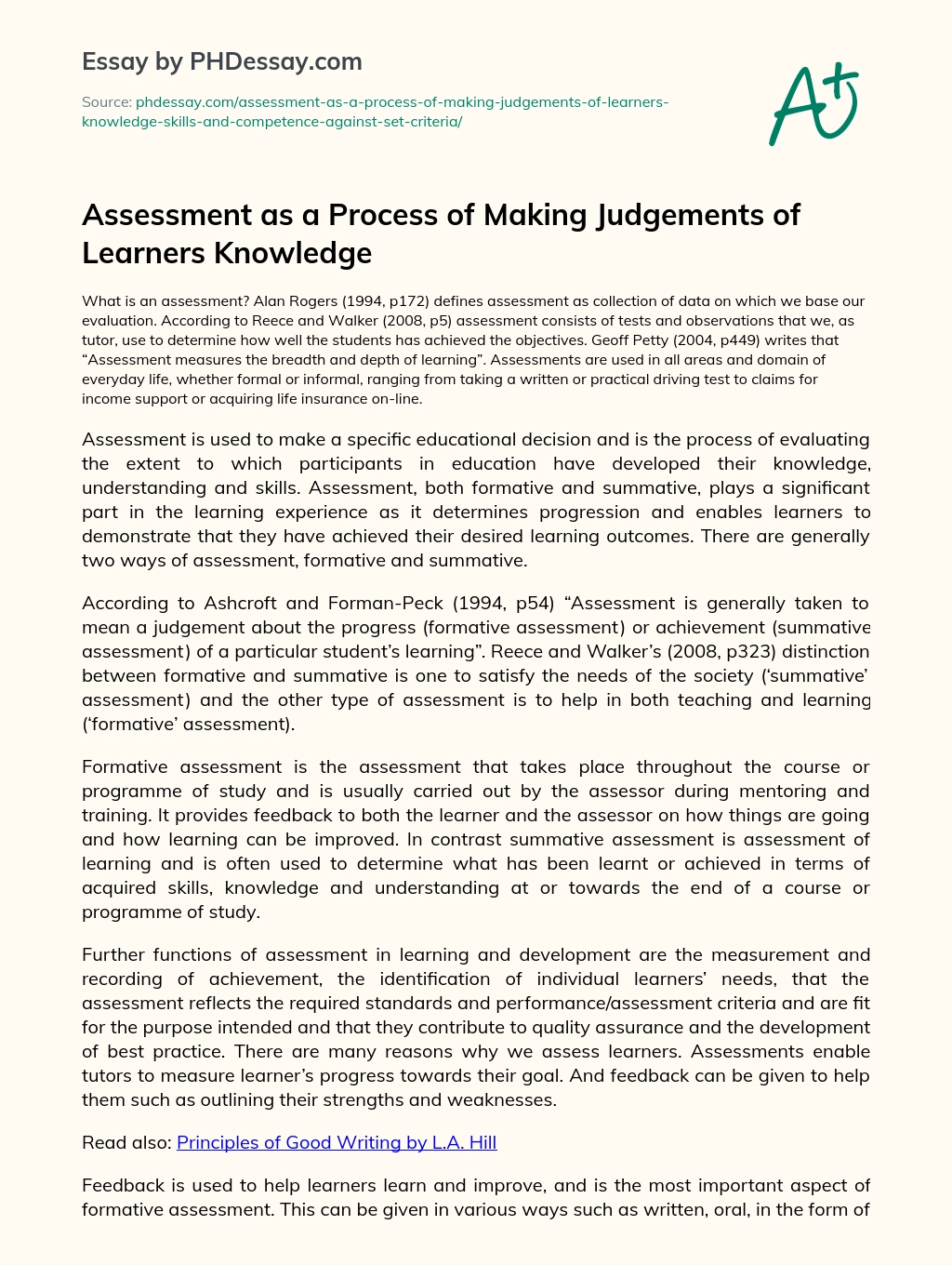 Assessment as a Process of Making Judgements of Learners Knowledge essay