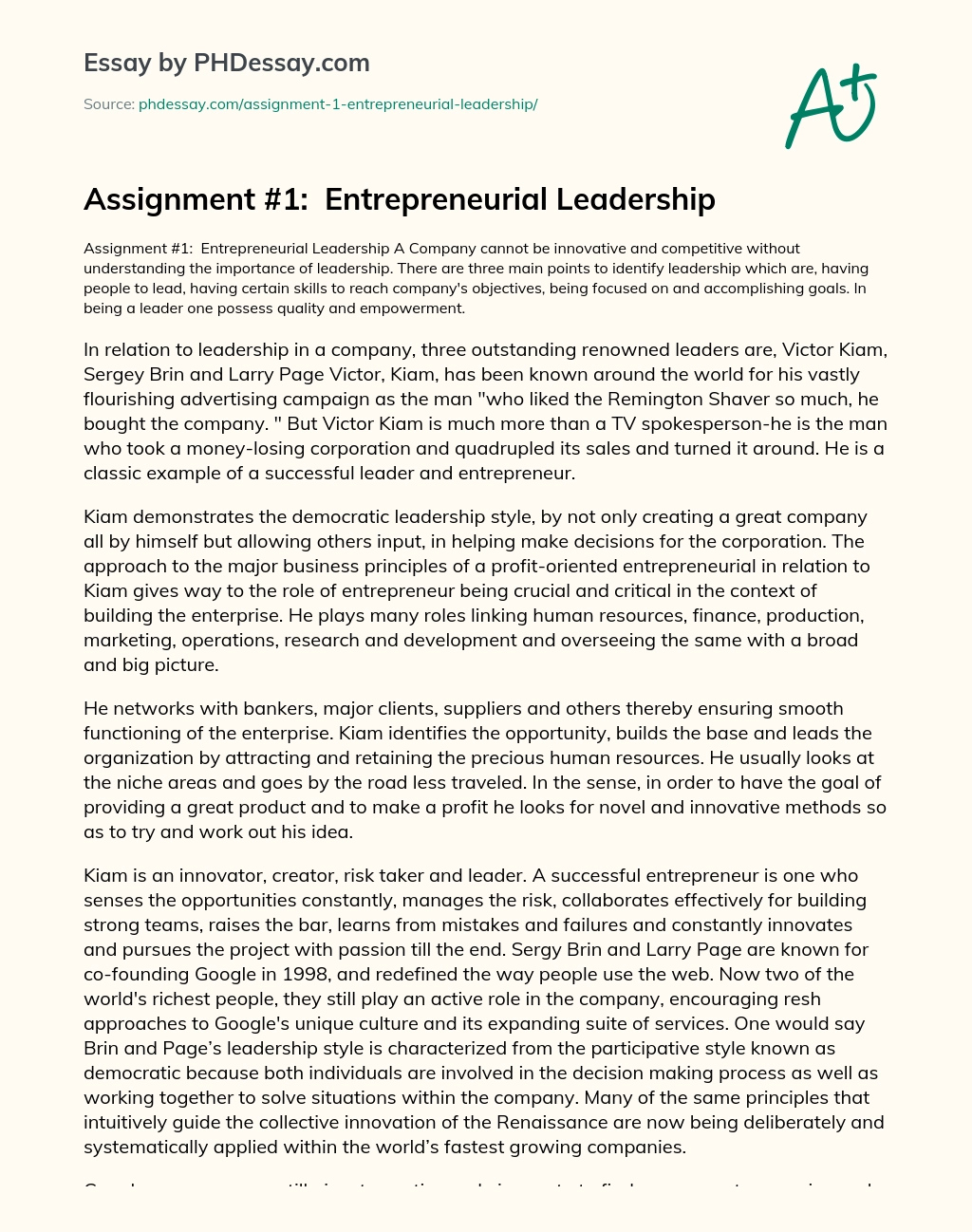 Assignment #1:  Entrepreneurial Leadership essay