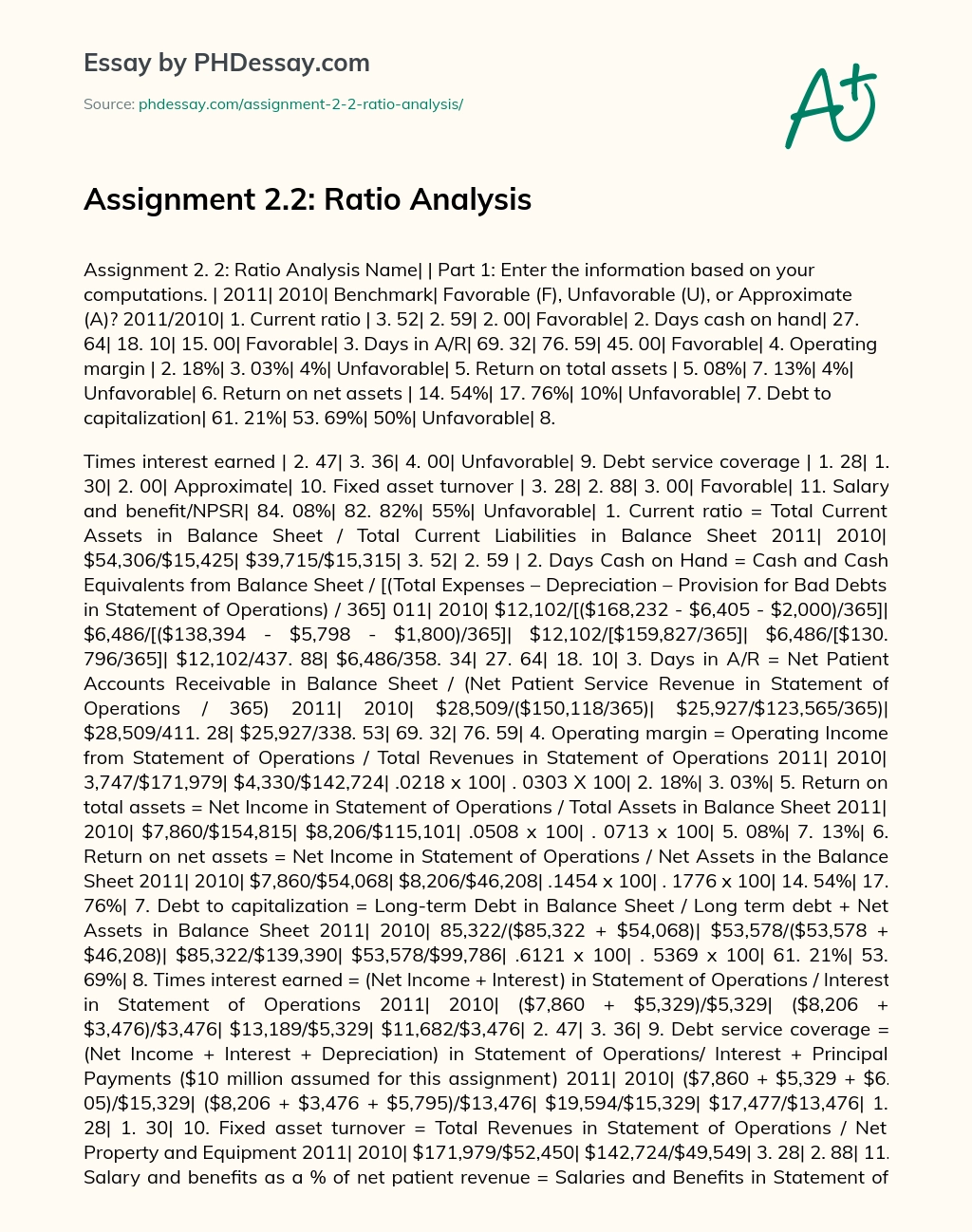 Assignment 2.2: Ratio Analysis essay