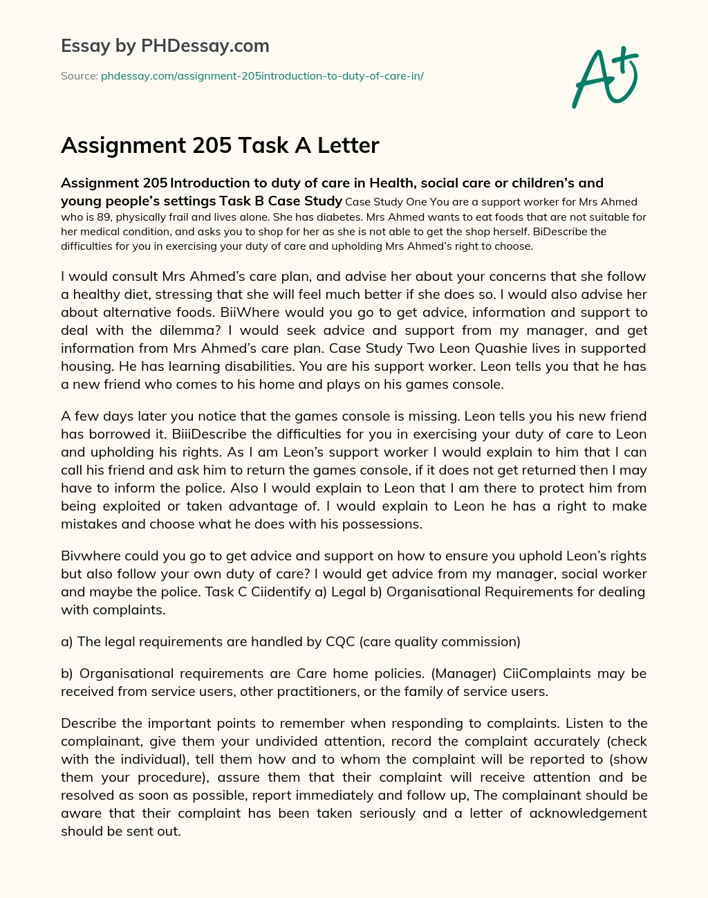 Assignment 205 Task A Letter essay