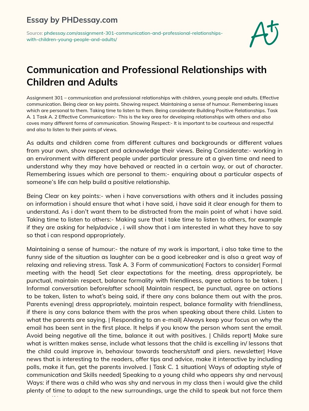 Communication and Professional Relationships with Children and Adults essay