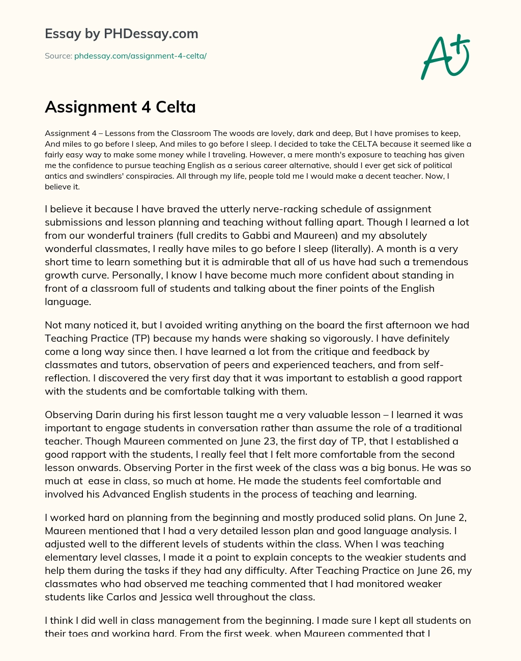 Assignment 4 Celta essay