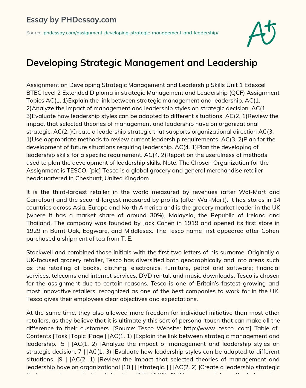 Developing Strategic Management and Leadership essay