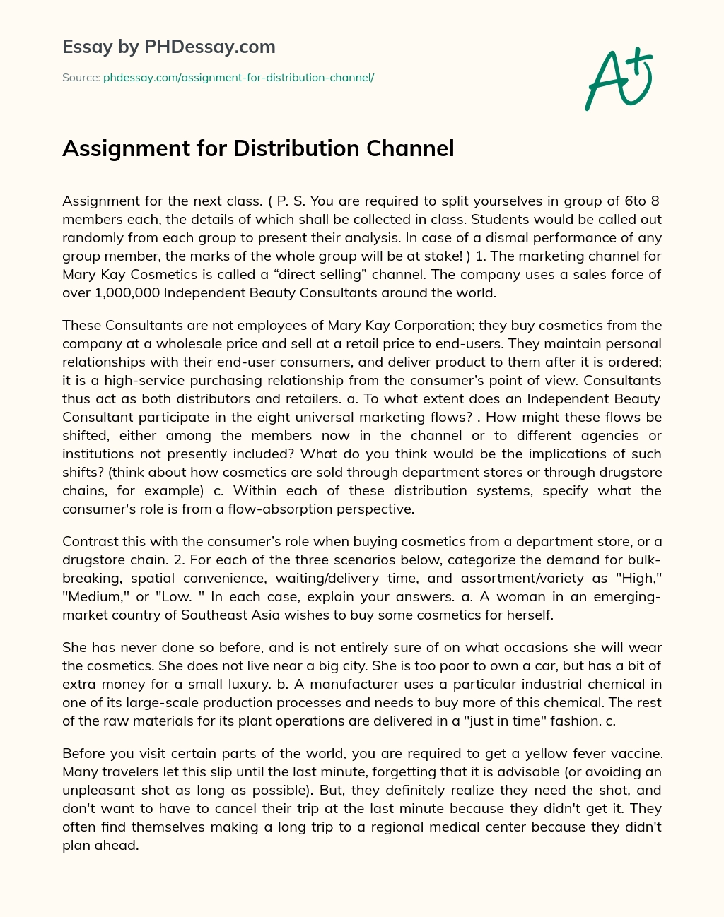 Assignment for Distribution Channel essay