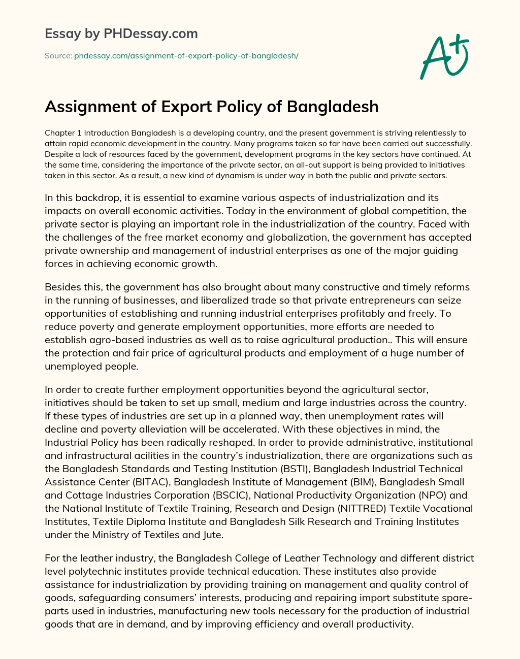 Assignment of Export Policy of Bangladesh essay