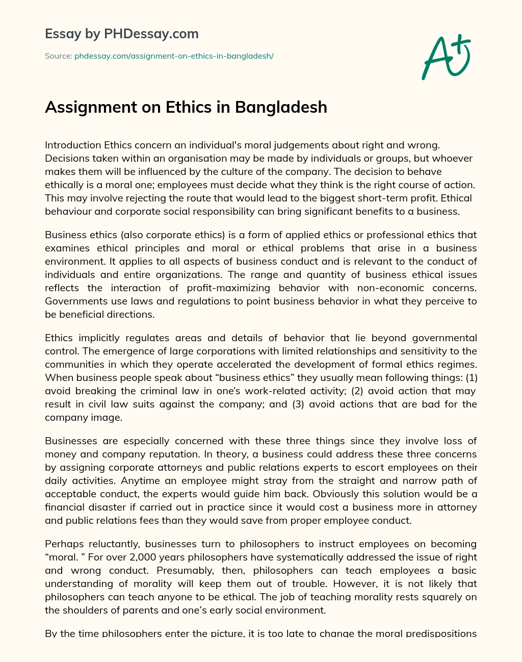Assignment on Ethics in Bangladesh essay