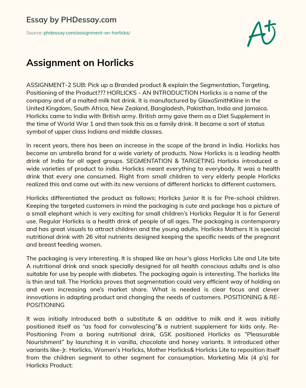 Assignment on Horlicks essay