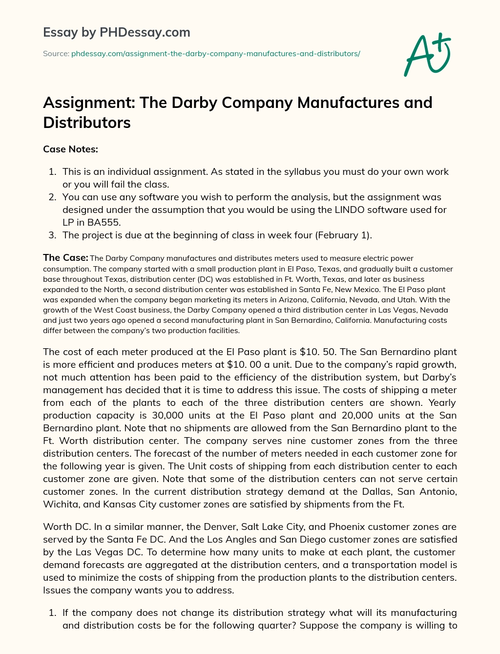 Assignment: The Darby Company Manufactures and Distributors essay