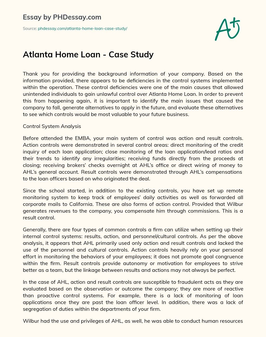 Atlanta Home Loan – Case Study essay