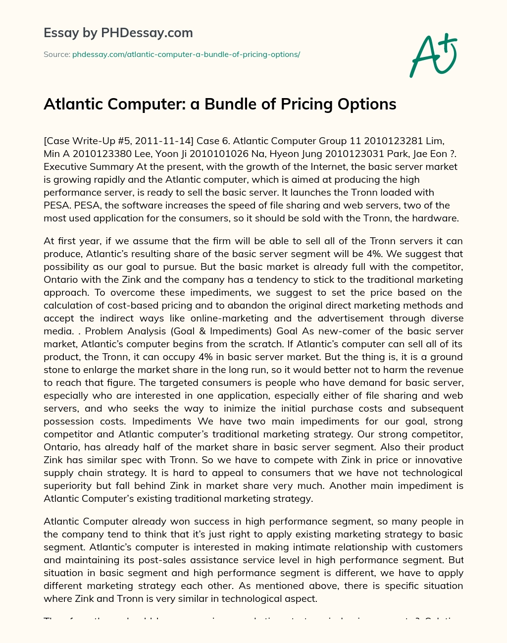 Atlantic Computer: a Bundle of Pricing Options essay