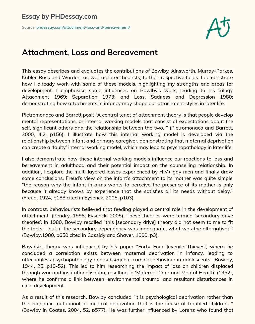 Attachment, Loss and Bereavement essay