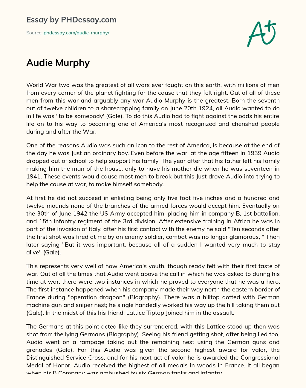 Audio Murphy: An Ordinary Boy Who Became America’s Greatest War Hero essay