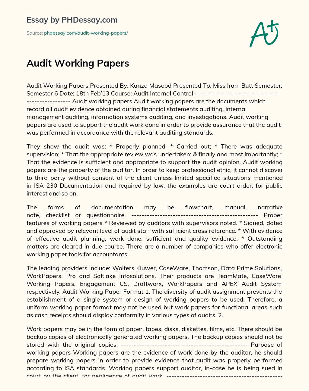 Audit Working Papers - PHDessay.com