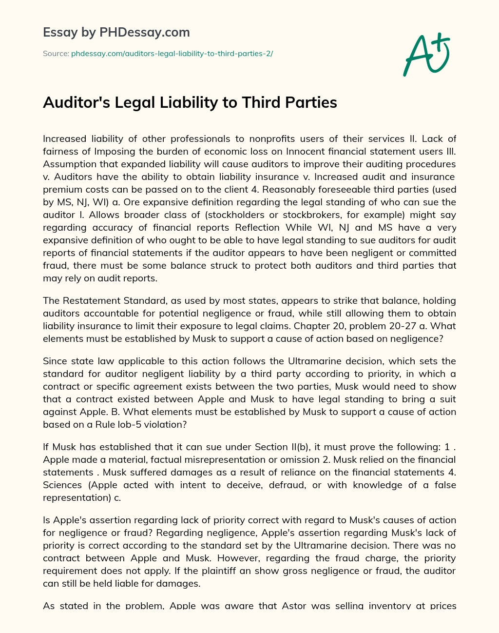 Auditor’s Legal Liability to Third Parties essay