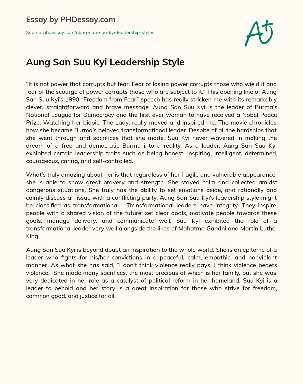 Aung San Suu Kyi Leadership Style essay