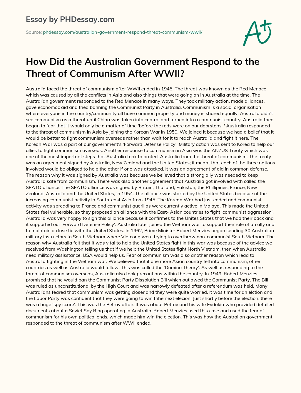 How Did the Australian Government Respond to the Threat of Communism After WWII? essay