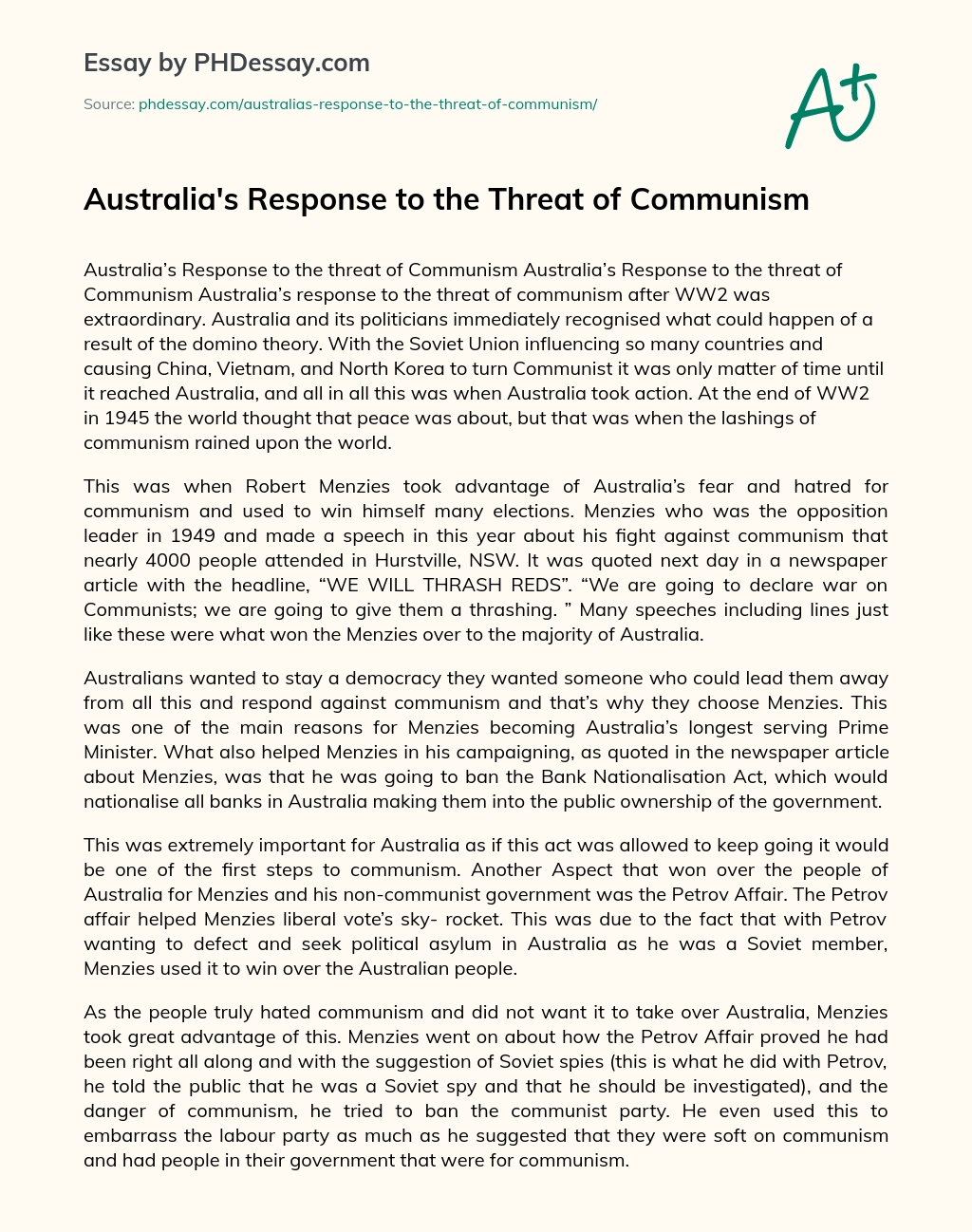 Australia’s Response to the Threat of Communism essay