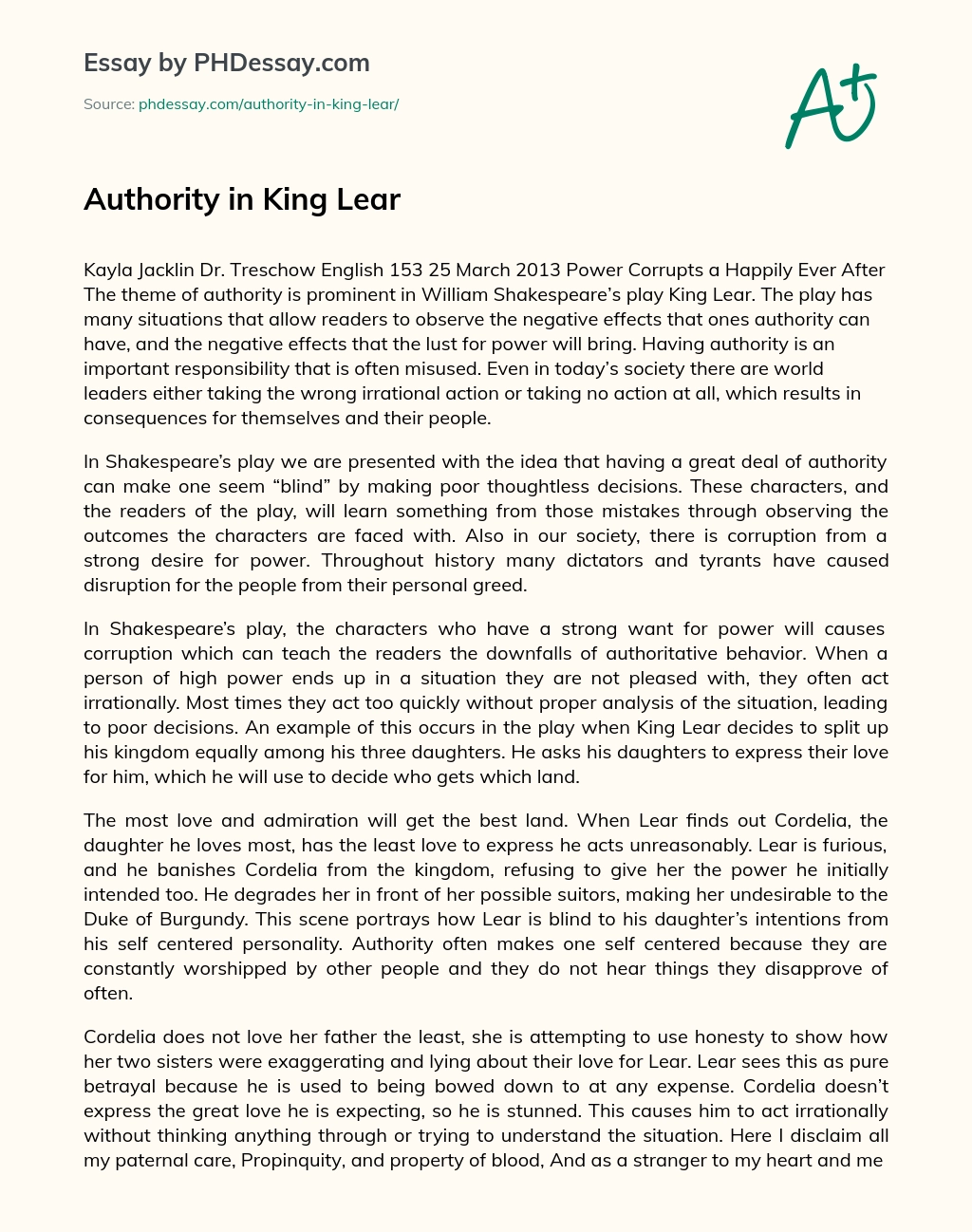 Authority in King Lear essay