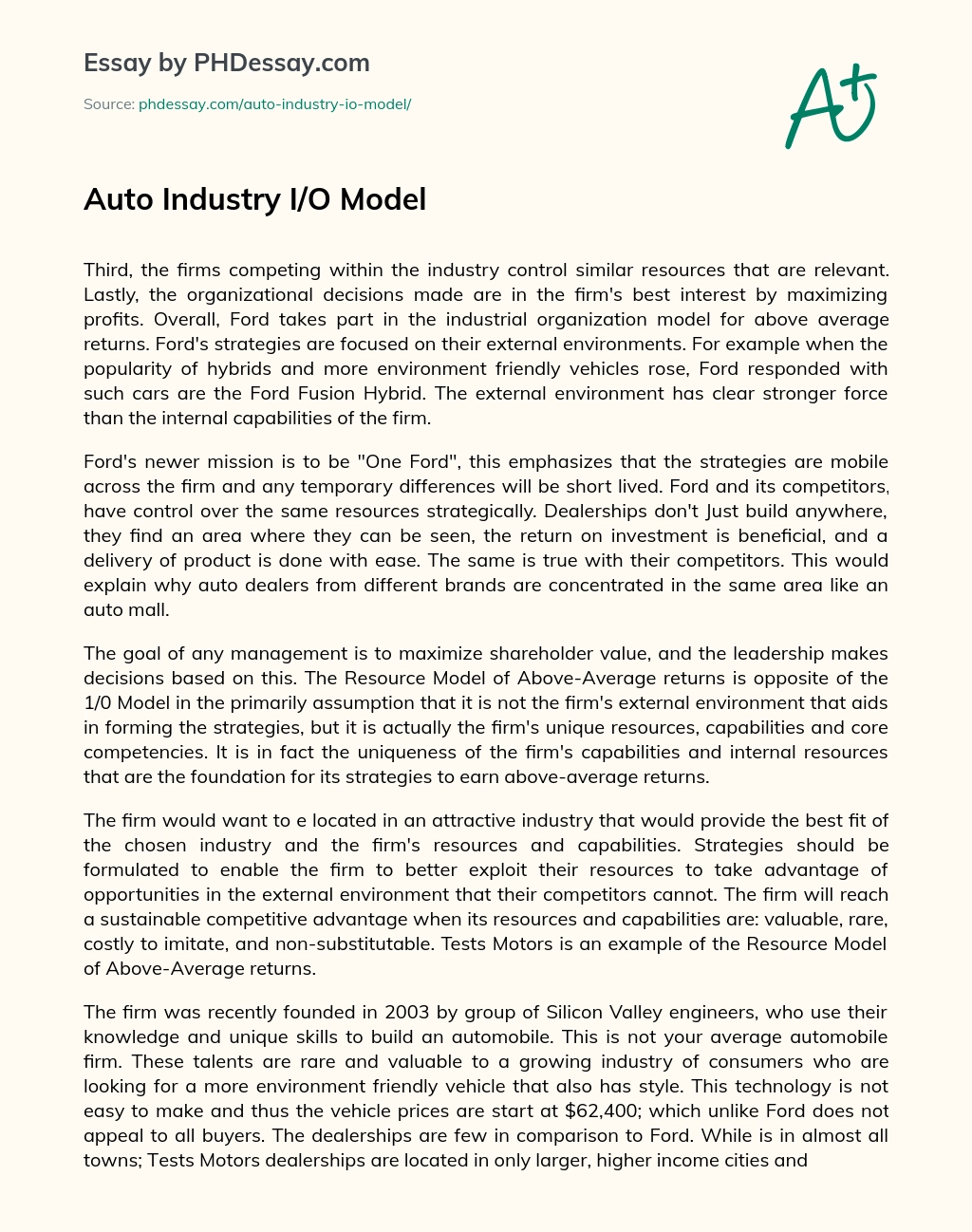 Ford’s Industrial Organization Model for Above Average Returns essay