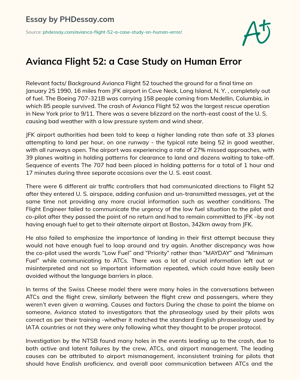 Avianca Flight 52: a Case Study on Human Error essay